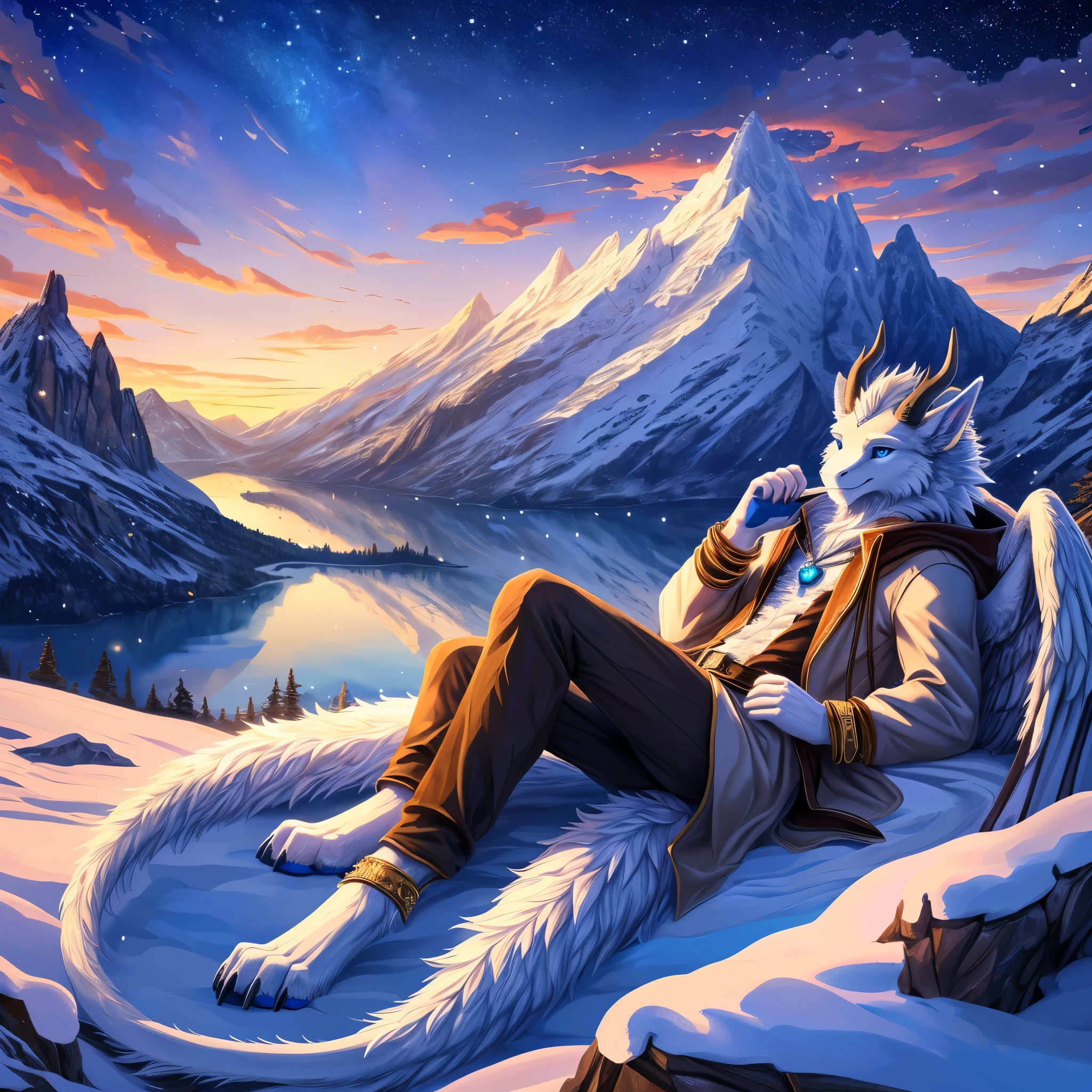 solo,(furred dragon),mature,male,((white fur)),wing,fluffy furs,dragon horns,blue_eyes,cat's eye,tail,handsome,lying,toe claws,digitigrade,blue pawpads,anklet,bracelet,pendant,trench_coat,pants,clothing details,(((masterpiece))), ((the best quality, super fine illustrations, beautiful and delicate water)), ((very delicate light)), ((nature, painting)), ((fine lighting, more transparent stars, high-quality snowflakes, high-quality mountains, very fine 8KCG wallpapers)), (plateau), (((snow mountain))), sunrise, randomly distributed clouds, (snow field), cliff, ((rotating star sky)), ((lake in mountain stream)), luminous particles,