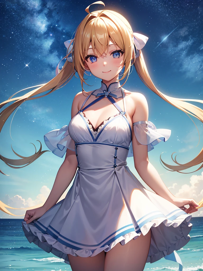 Ray Tracing,Highest quality,High resolution,bloom effect,Dynamic Angle,Light Shaft, particle lighting, Dynamic Light,One girl, alone, Wind,smile, ,Middle chest, Long blonde twin tails that reach above her ears, Ahoge, (Cyan striped hair:1.15), ,White blouse,See through clothing,Starry Sky,blue eyes, Hair Ribbon,Glowing Skin,Happy,Perfect lighting,Super detailed,8k,Realistic:0.5),Beautiful nipples,