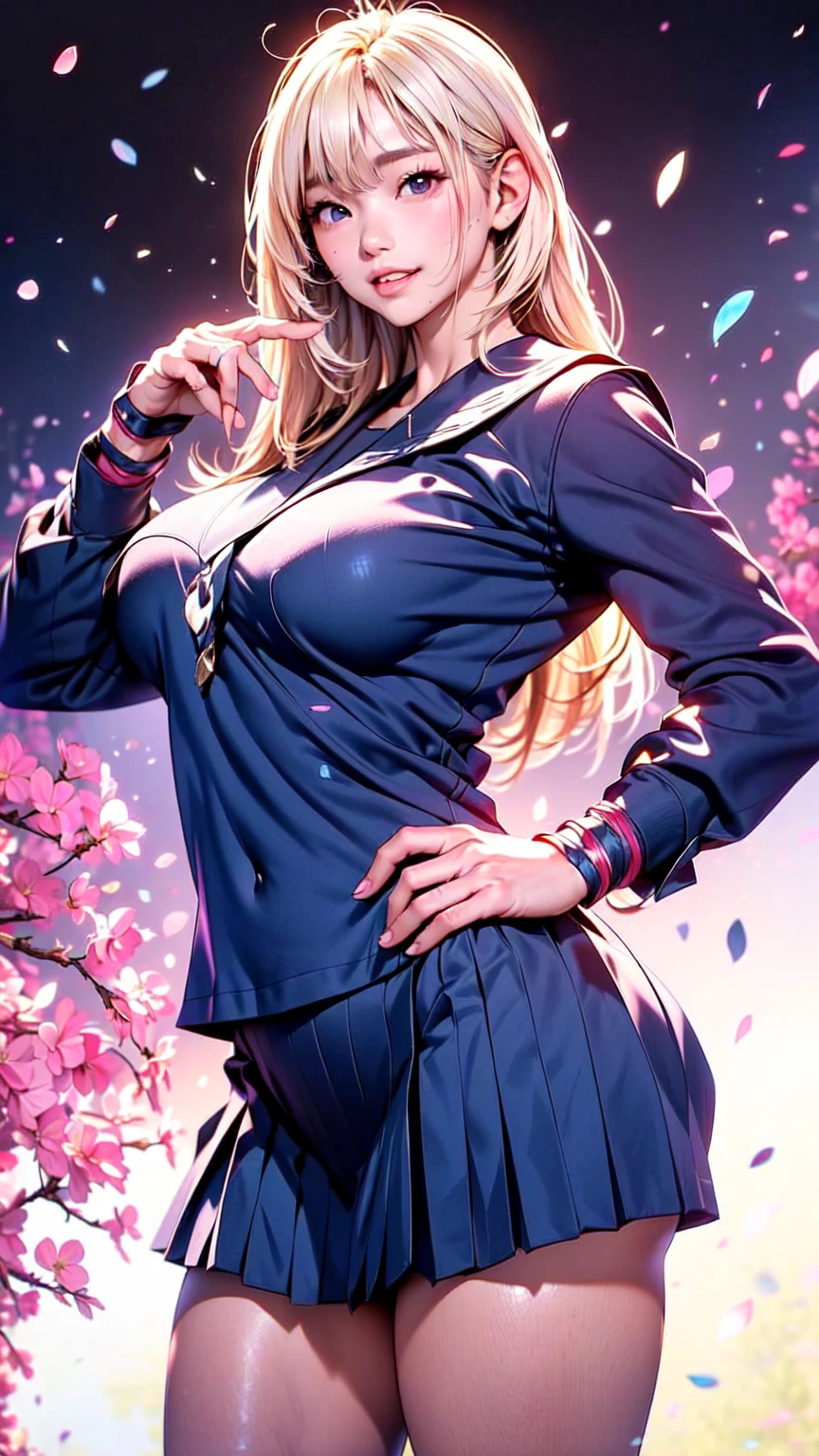 White woman、Platinum Blonde、long hair、Hair becomes wavy、skin tight、(((sagging massibe ))), Beautiful thick legs、erotic、proportiony hips are constricted、Place one hand on ones hip、Hair in the eyes ((hair over eyes))、droopy eyes, smile, dark blue (((intricate wear))) with (white line:0.3), highschool skirt on ((少し見えている micro panties)), ba, take 青く光る magic on hand, in Sakura,