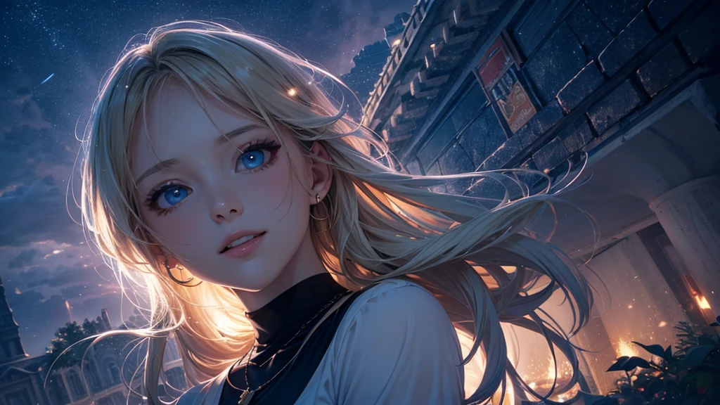 masterpiece),(top-quality:1.2),1girl in,(masuter piece:1.3),exquisitedetails, Highest quality 8K resolution, Ultra-detailed, Realistic, Vibrant colors, Soft tones, With warm and gentle lighting,(Smooth straight blonde hair:1.2),(Hair parted in the middle:1.3),(Glowing hair),(Dark blue eyes:1.3),White skin, hair clips,Small necklace,A gentle feeling overflows,The sun's rays illuminate joy and pure love, Warm golden glow,The atmosphere is full of happiness and laughter, As if celebrating love,Ultra-detailed depiction and vivid colors,A style that combines romanticism and realism,depth of love,color palettes,Create an ethereal atmosphere like a dream,Lighting is soft and diffused,masterpiece artwork,light light on the face,