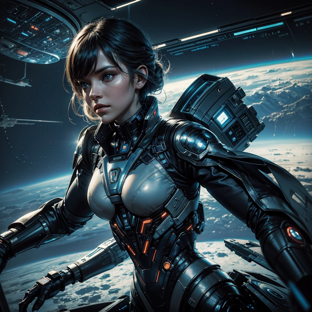 a woman in a futuristic and technological uniform while flying over an unknown planet, in front of her a futuristic screen where she analyzes the data on the planet, hyper-realistic, cinematic, 8k, ultra-detailed, masterpiece