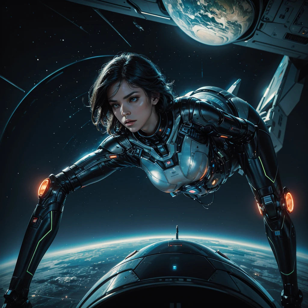 
a woman in a futuristic and technological uniform while flying over an unknown planet, in front of her a futuristic screen where she analyzes the data on the planet, hyper-realistic, cinematic, 8k, ultra-detailed, masterpiece 