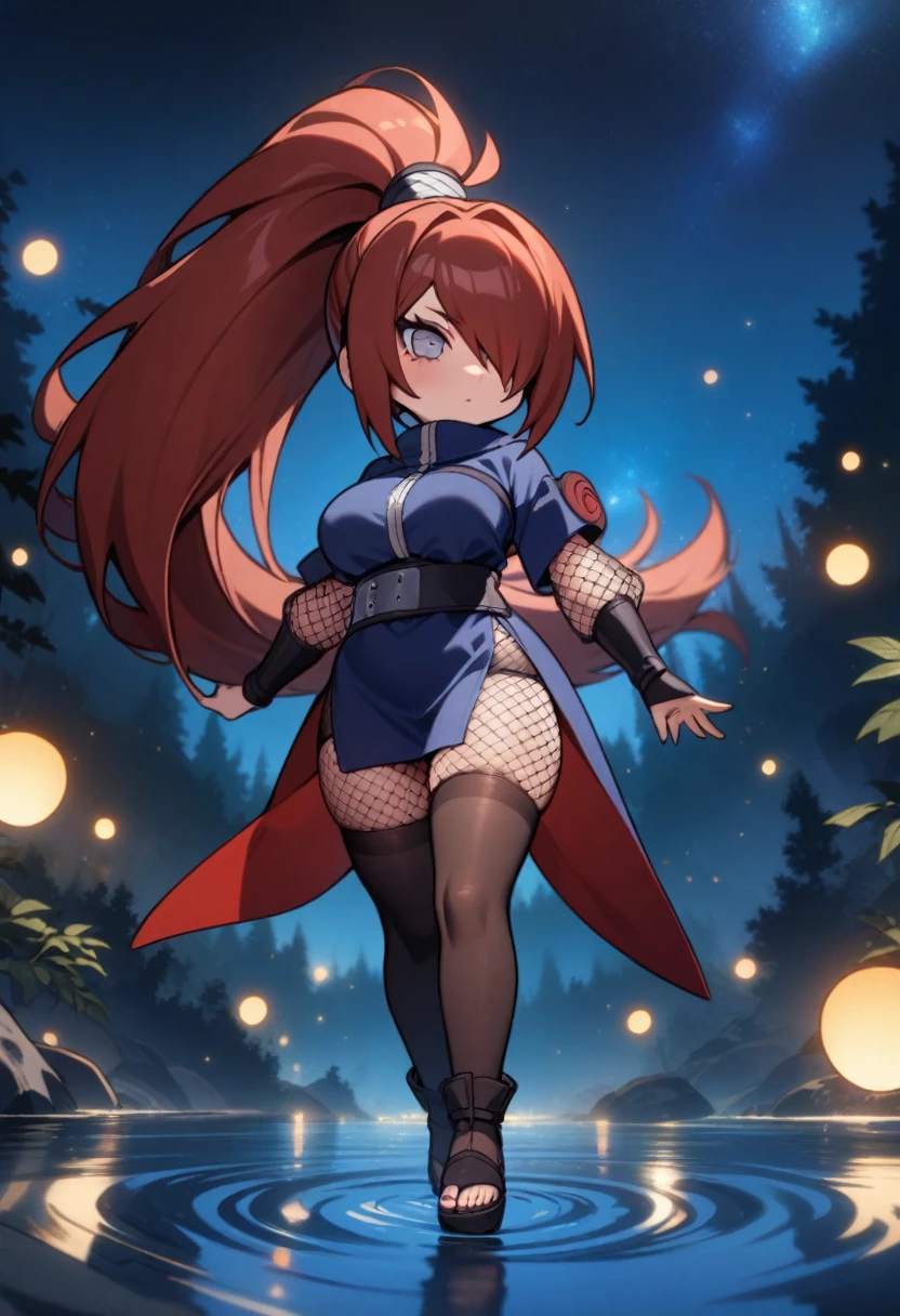 chibi, masterpiece, best quality, very aesthetic, absurdres, 1girl, full_body,terumi_mei, naruto_(series), naruto_shippuuden, 1girl, Brownish_Red_Hair, hair_over_one_eye, large_breasts, high ponytail,long_hair, very_long_hair, fishnets, blue_dress,pantyhose,besides a blue lake, night sky,stars,forest,Reflections in the water,,glowing stardust frontground,fantasy,sparkling,fireflies,