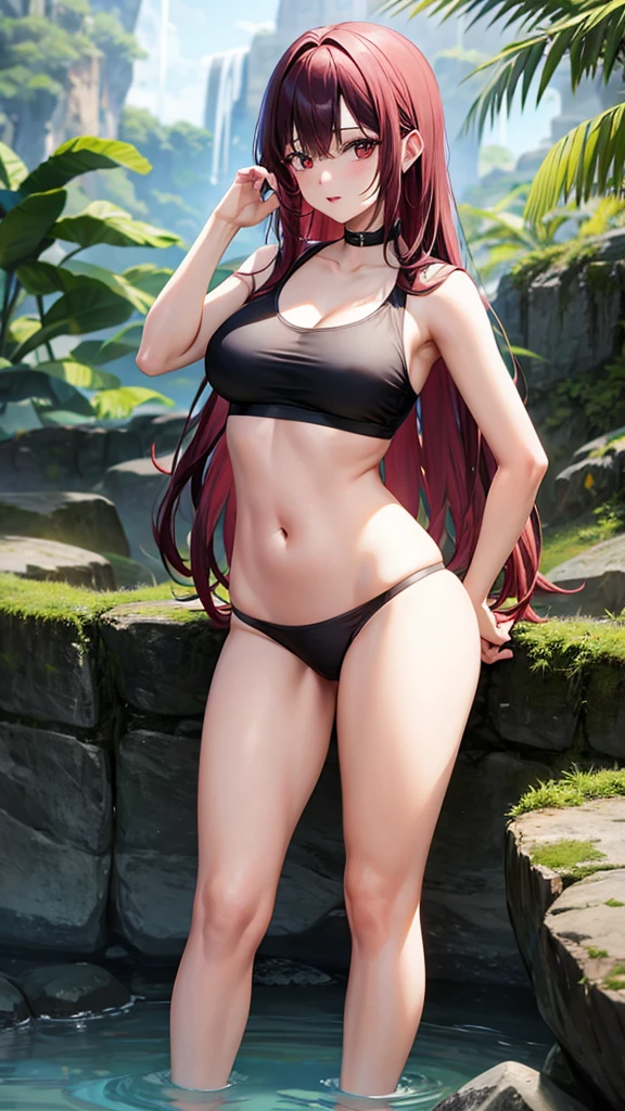 1_girl, solo, kei (dirty pair) (cosplay), 32-years-old femaile. Dark red long hair with bangs to the eyebrows. Wearing a black T-shirt top and bikini bottom, waterfall background, full body portrait 