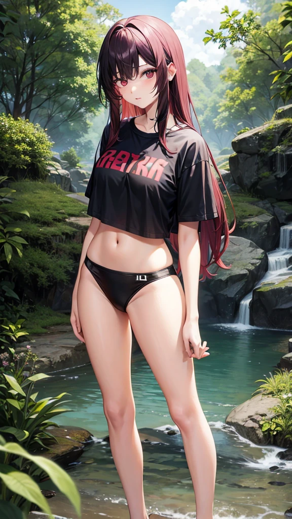 1_girl, solo, kei (dirty pair) (cosplay), 32-years-old femaile. Dark red long hair with bangs to the eyebrows. Wearing a black T-shirt top and bikini bottom, waterfall background, full body portrait