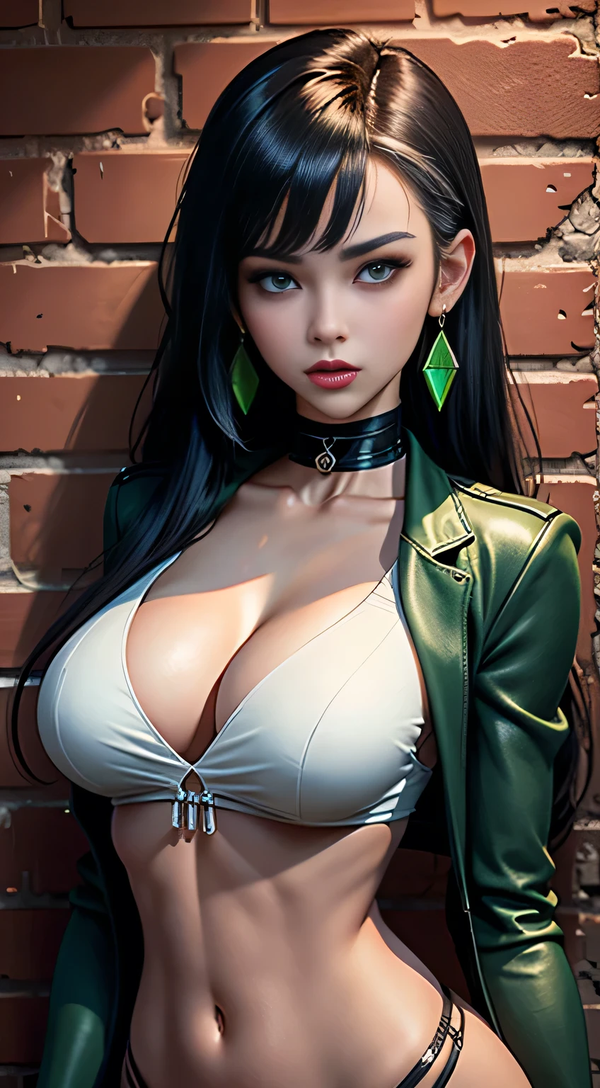 sfw, (masterpiece, best quality, 1girl, solo, intricate details, chromatic aberration), realistic, ((medium breath)), long black sleek hair with flat bangs, green highlights, green eyes, earrings, sharp eyes, red lips, choker, neon shirt, open jacket, crop top, (symmetry eyes),(perfect symmetrical body), against wall, brick wall, graffiti, dim lighting, alley ,look at viewer, wearing bra,((skinny waist)), young asian girl, ((big breasted)),