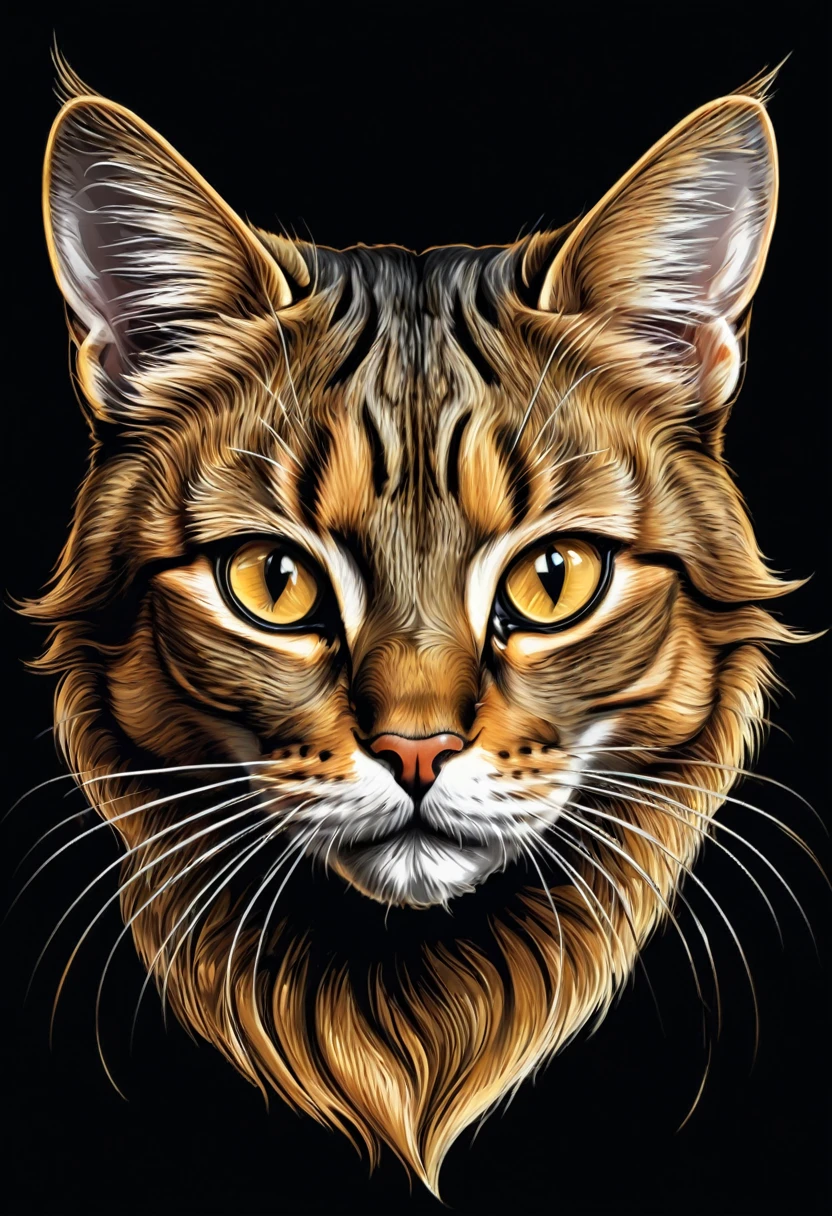 Golden cat head on black background, sharp edges, ​masterpiece, drawn with pencil, Vector image