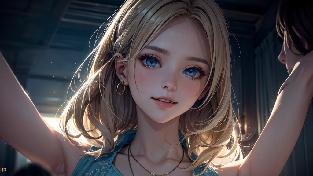 ​masterpiece),(top-quality:1.2),1girl in,(masuter piece:1.3),exquisitedetails, Highest quality 8K resolution, Ultra-detailed, Realistic, Vibrant colors, Soft tones, With warm and gentle lighting,(Smooth straight blonde hair:1.2),(Hair parted in the middle:1.3),(Glowing hair),(Dark blue eyes:1.3),White skin, hair clips,Small necklace,A gentle feeling overflows,The sun's rays illuminate joy and pure love, Warm golden glow,The atmosphere is full of happiness and laughter, As if celebrating love,Ultra-detailed depiction and vivid colors,A style that combines romanticism and realism,depth of love,color palettes,Create an ethereal atmosphere like a dream,Lighting is soft and diffused,masterpiece artwork,light light on the face,