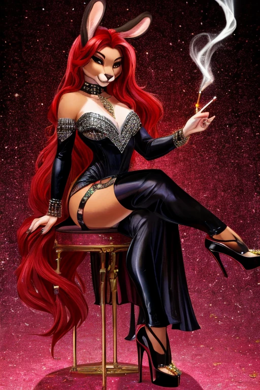 Black rabbit with long red hair, black dress with rhinestones, high heels and cigarette in the paw, shiny and luxurious background.