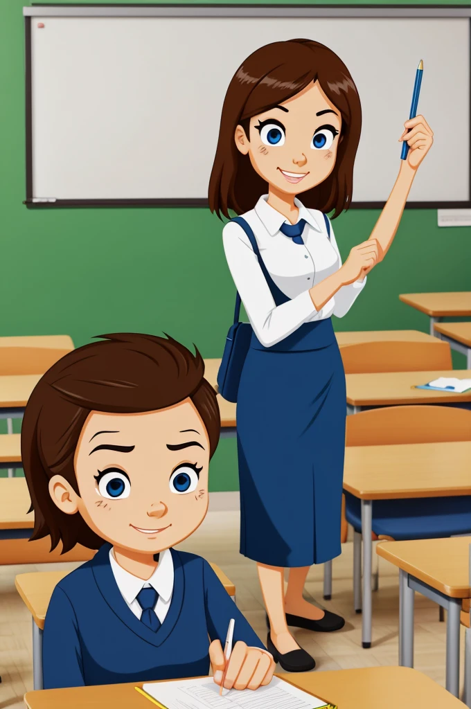 Class teacher with serious expression in cartoon style