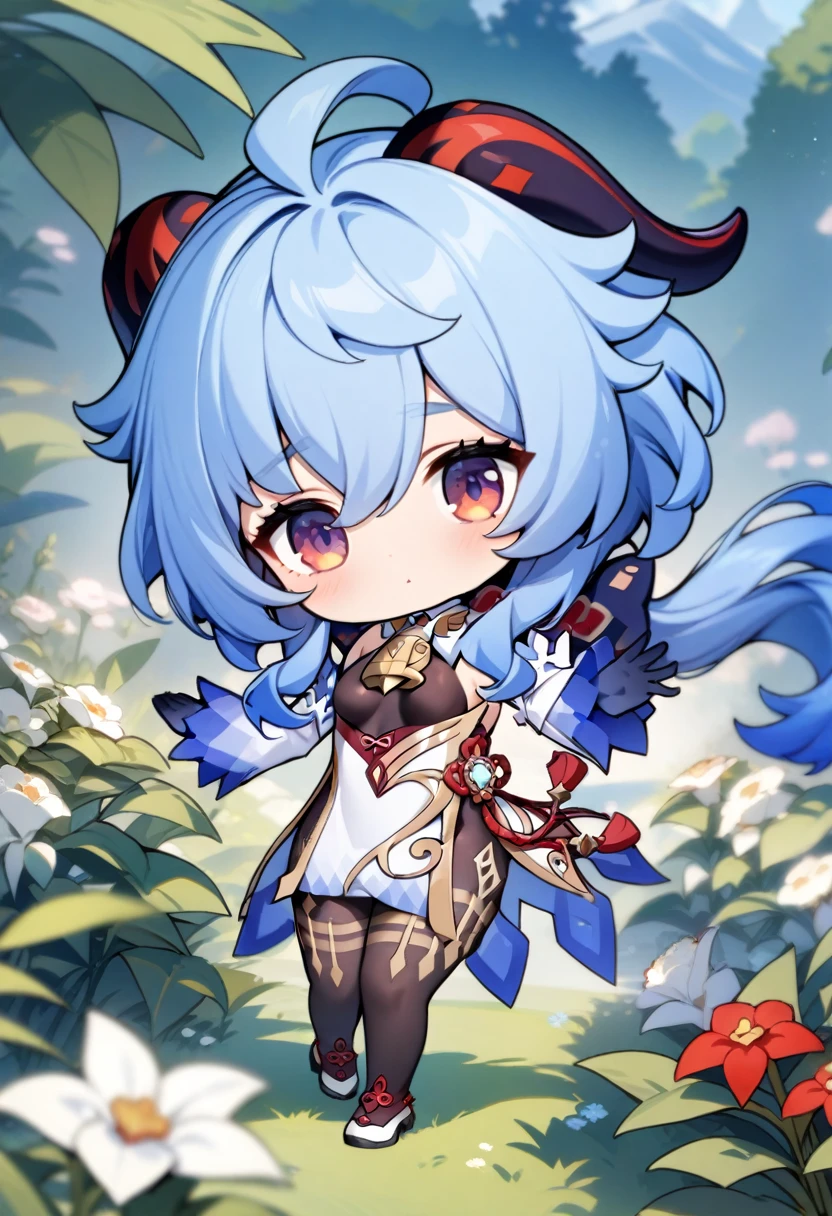 chibi, masterpiece, best quality, very aesthetic, absurdres, 1girl, full_body,ganyu,ganyu(genshin impact), horns, short blue hair, black body-stockings,white clothes,,in garden,floating_hair,