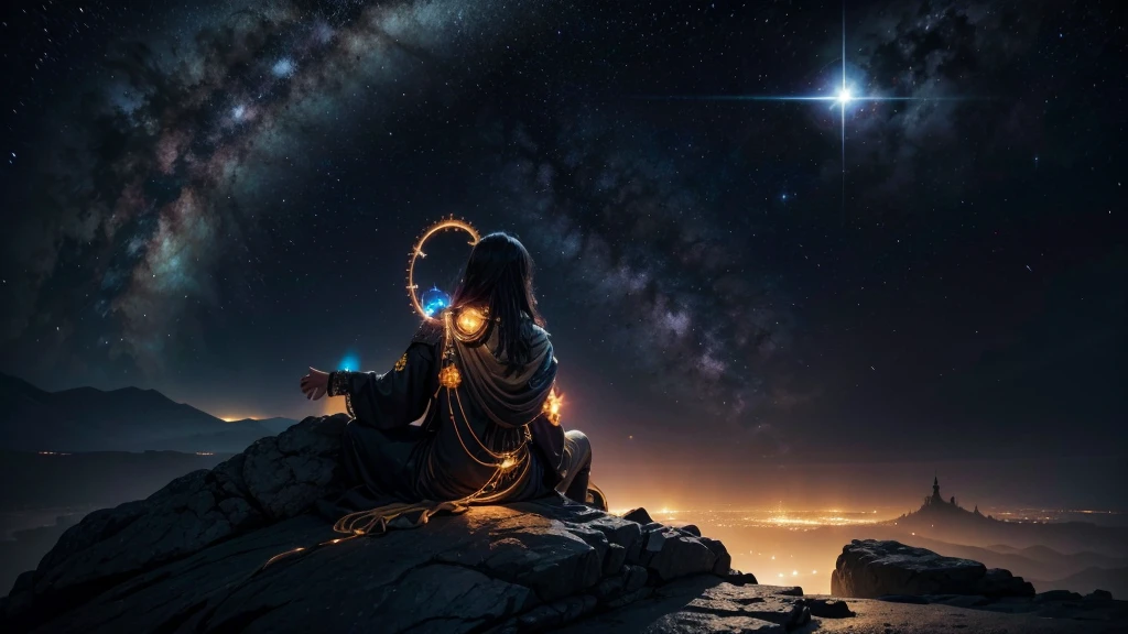 Mystical background with ORANGE AND BLACK tones, cosmic elements such as stars and nebulae. Male figure on the left side, staring straight ahead, with an expression of enlightenment, surrounded by a bright aura. Spiritual symbols. Title Icons representing the 9 signs around the central figure.