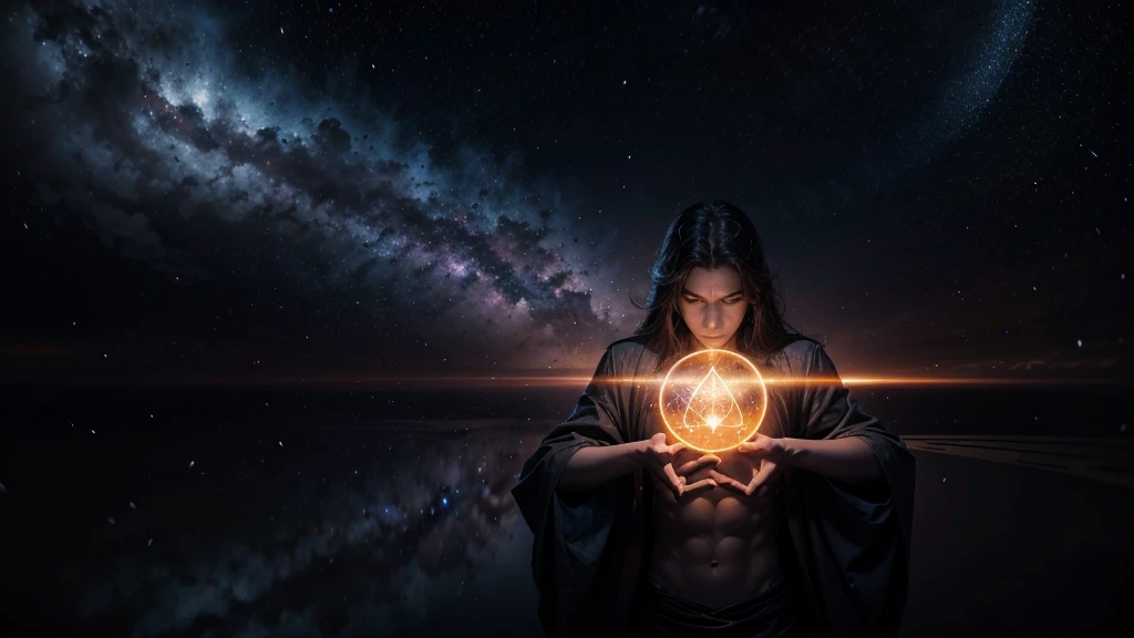 Mystical background with ORANGE AND BLACK tones, cosmic elements such as stars and nebulae. Male figure on the left side, staring straight ahead, with an expression of enlightenment, surrounded by a bright aura. Spiritual symbols. Title Icons representing the 9 signs around the central figure.