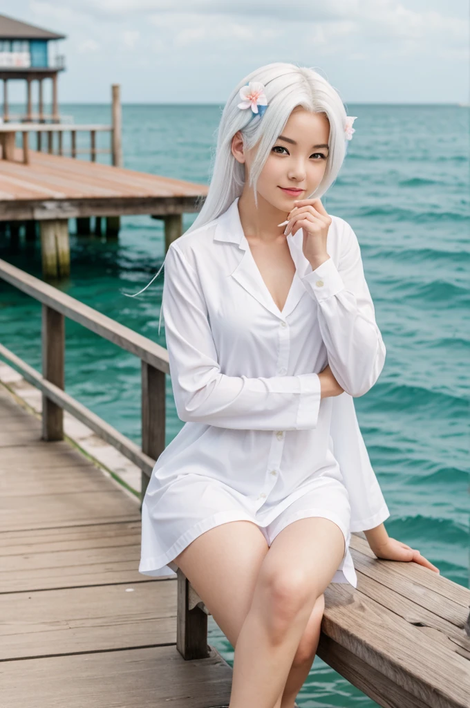 Anime girl sitting on a pier with a flower in her white hair