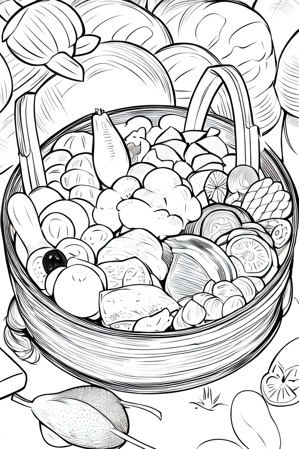 A  basket filled with various  foods, detailed meat, mushrooms, fruits and vegetables, line, monochrome