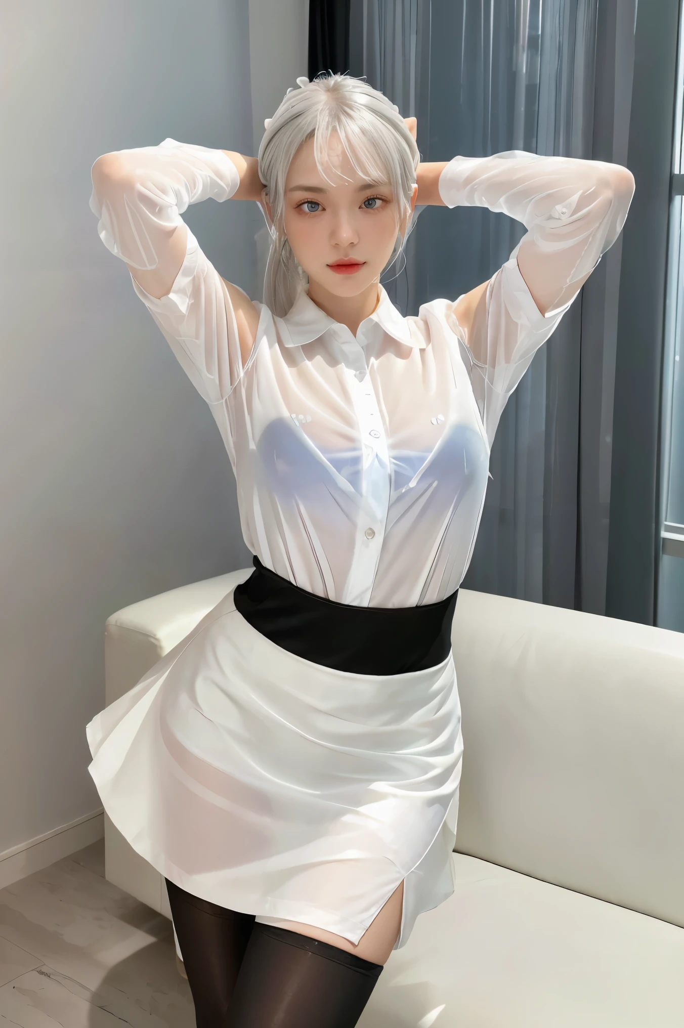 (((1 girl)),ray tracing,(dim lighting),[detailed background (living room)),((silver hair)),(silver hair)),((Fluffy silver hair, plump and slender girl)) with high ponytail))) Avoid golden eyes in the ominous living room ((((Girl wears white opaque shirt, black wrinkled skirt with black transparent stockings), showing a delicate and slender figure and graceful curves, correct limbs, hands behind the head, hands behind the head, hands behind the head , eye details, beautiful eyes, delicate eyes, blue eyes