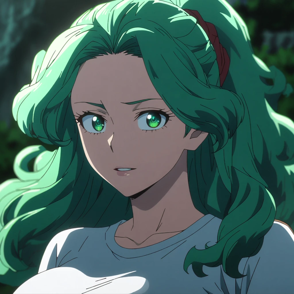 1women, adult, Izuku Midoriya female version, Deku from My hero academia, My hero academia anime screencap, anime screencap, solo, ((long_hair, green hair, curly hair, ponytail))  (( wearing t shirt)), ((Green Eyes)), ((hanging breast)) smile,parted lips looking_at_viewer, upper body, Blurry background, ,  night)), bangs, upper body, eyelashes, breast ((Green eyes)) ((long hair, curly hair, ponytail)) ((Green hair, ))  ((solo)) ((Izuku midoriya))