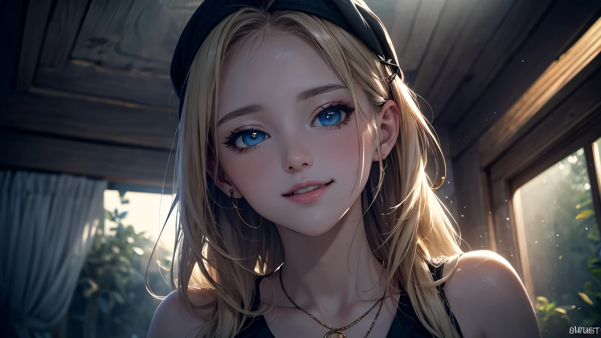 ​masterpiece),(top-quality:1.2),1girl in,(masuter piece:1.3),exquisitedetails, Highest quality 8K resolution, Ultra-detailed, Realistic, Vibrant colors, Soft tones, With warm and gentle lighting,(Smooth straight blonde hair:1.2),(Hair parted in the middle:1.3),(Glowing hair),(Dark blue eyes:1.3),White skin, hair clips,Small necklace,A gentle feeling overflows,The sun's rays illuminate joy and pure love, Warm golden glow,The atmosphere is full of happiness and laughter, As if celebrating love,Ultra-detailed depiction and vivid colors,A style that combines romanticism and realism,depth of love,color palettes,Create an ethereal atmosphere like a dream,Lighting is soft and diffused,masterpiece artwork,light light on the face,
