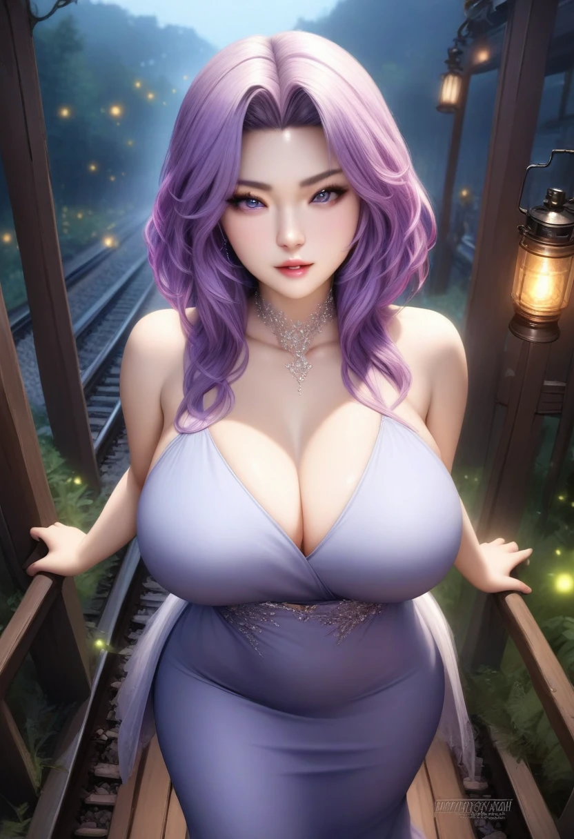 animetoreal, masterpiece, best quality, very aesthetic, absurdres, 1girl, mature_lady,,Lilac hair,hair intakes,by the railway,glowing stardust frontground,fantasy,sparkling,fireflies,from above