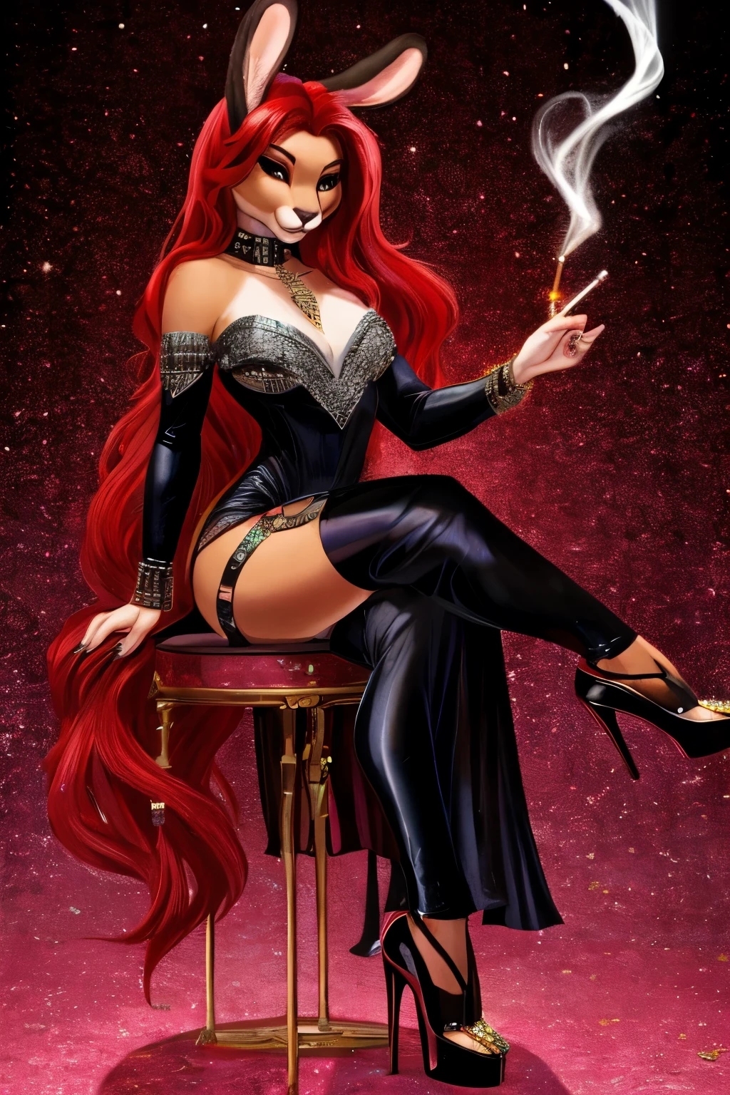 Black rabbit with long red hair, black dress with rhinestones, high heels and cigarette in the paw, shiny and luxurious background.