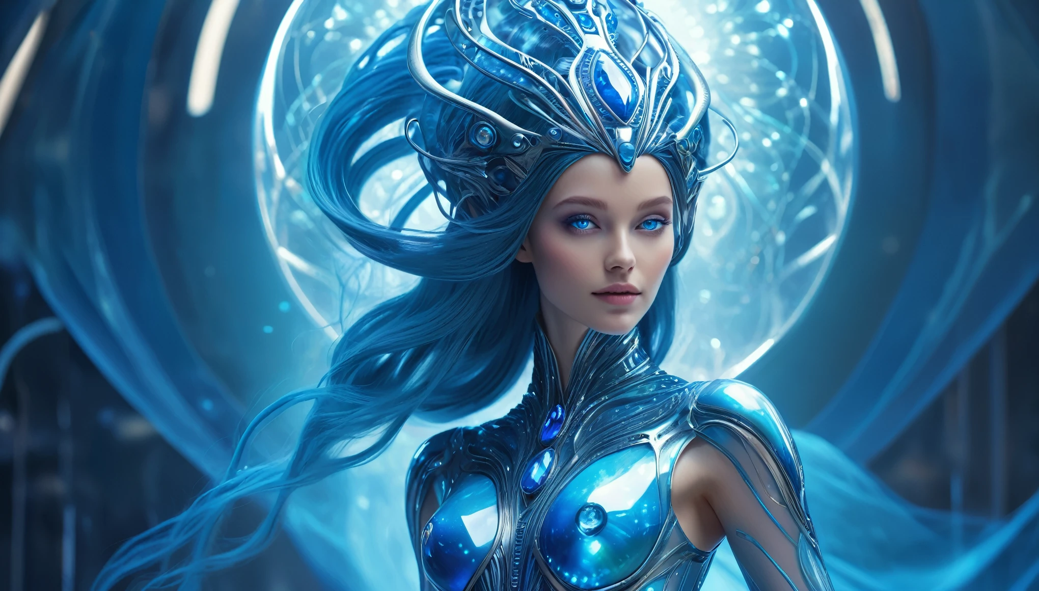 (full body with legs and feets)(best quality,highres:1.2),ultra-detailed,(realistic:1.37)
A beautiful alien girl with a body made of sapphire,sparkling blue eyes,long flowing sapphire hair,strong and graceful body,humanoid features,a radiant smile
alien,otherworldly,extraterrestrial
(extraordinary,gorgeous:1.1),alien princess,femininity,grace,beauty
(futuristic technology),sleek suit,semi-transparent,sapphire gown,geometric patterns,iridescent effect
(ethereal:1.1),floating,dreamlike atmosphere,mystical aura
(studio lighting),softly lit,pale blue glow,subtle shadows
(abstract art),surreal composition,colorful surrealism
vivid colors,shades of blue,turquoise accents
(keywords)
