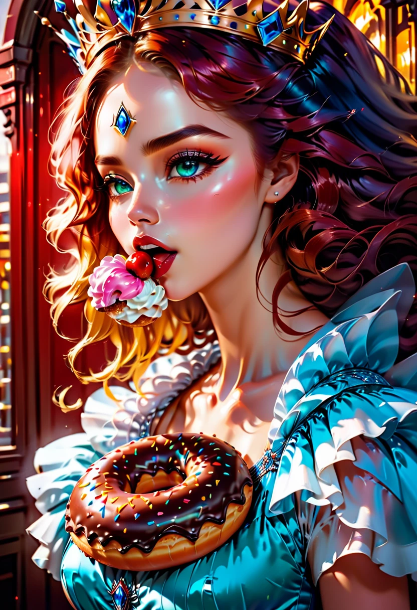 an oil painting portrait of a queen eating a (an epic donut: 1.3), an exotic exquisite beautiful queen, dynamic hair color, wavy hair, dynamic eyes color,  intense eyes, wearing glamour silk dress, intricate detailed dress, dynamic color dress, dynamic style dress, wearing diamond crown ((eating  a large donut: 1.3)),  (cherries: 1.1), (whipped cream: 1.1),  fantasy pastry shop background,  vibrant, Ultra-high resolution, High Contrast, (masterpiece:1.5), highest quality, Best aesthetics), best details, best quality, highres, 16k, [ultra detailed], masterpiece, best quality, (extremely detailed) RAW, (ultra details, Masterpiece, best quality),   , Intense gaze, blood, Cinematic Hollywood Film
