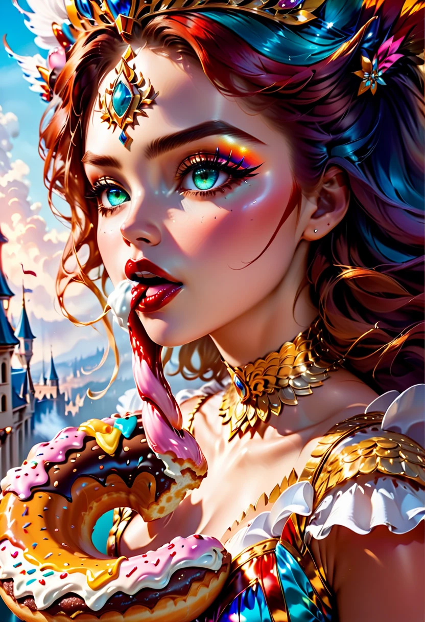 an oil painting portrait of a queen eating a (an epic donut: 1.3), an exotic exquisite beautiful queen, dynamic hair color, wavy hair, dynamic eyes color,  intense eyes, wearing glamour silk dress, intricate detailed dress, dynamic color dress, dynamic style dress, wearing diamond crown ((eating  a large donut: 1.3)),  (cherries: 1.1), (whipped cream: 1.1),  fantasy pastry shop background,  vibrant, Ultra-high resolution, High Contrast, (masterpiece:1.5), highest quality, Best aesthetics), best details, best quality, highres, 16k, [ultra detailed], masterpiece, best quality, (extremely detailed) RAW, (ultra details, Masterpiece, best quality),   , Intense gaze, blood, Cinematic Hollywood Film

