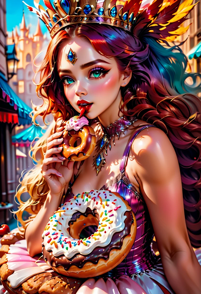 an oil painting portrait of a queen eating a (an epic donut: 1.3), an exotic exquisite beautiful queen, dynamic hair color, wavy hair, dynamic eyes color,  intense eyes, wearing glamour silk dress, intricate detailed dress, dynamic color dress, dynamic style dress, wearing diamond crown ((eating  a large donut: 1.3)),  (cherries: 1.1), (whipped cream: 1.1),  fantasy pastry shop background,  vibrant, Ultra-high resolution, High Contrast, (masterpiece:1.5), highest quality, Best aesthetics), best details, best quality, highres, 16k, [ultra detailed], masterpiece, best quality, (extremely detailed) RAW, (ultra details, Masterpiece, best quality),   , Intense gaze, blood, Cinematic Hollywood Film
