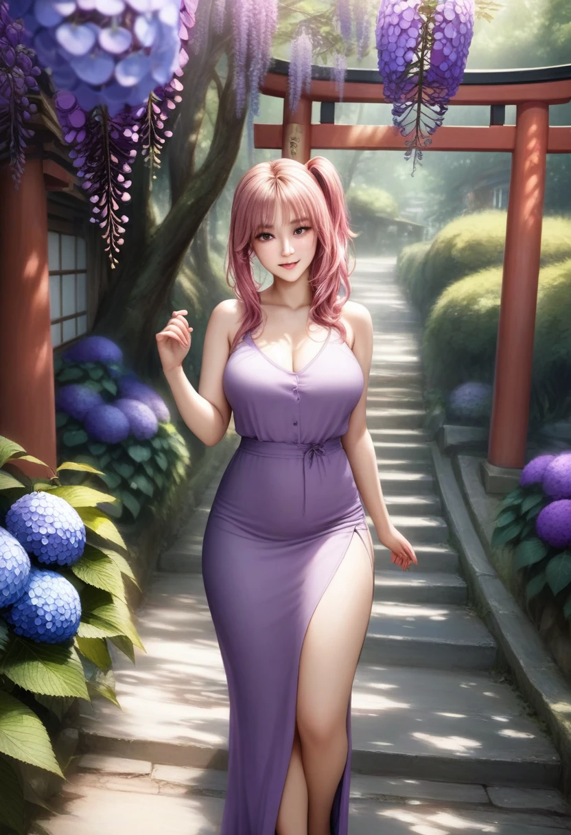 animetoreal, masterpiece, best quality, very aesthetic, absurdres, 1girl, mature_lady,,Neon pink hair,side ponytail,one side up,Wallpaper Fusion, dappled sunlight, day, flower, hydrangea, leaf, light rays, nature, outdoors, path, plant, purple flower, scenery, stairs, sunlight, torii, tree, wisteria,blur background,background defocus,from above