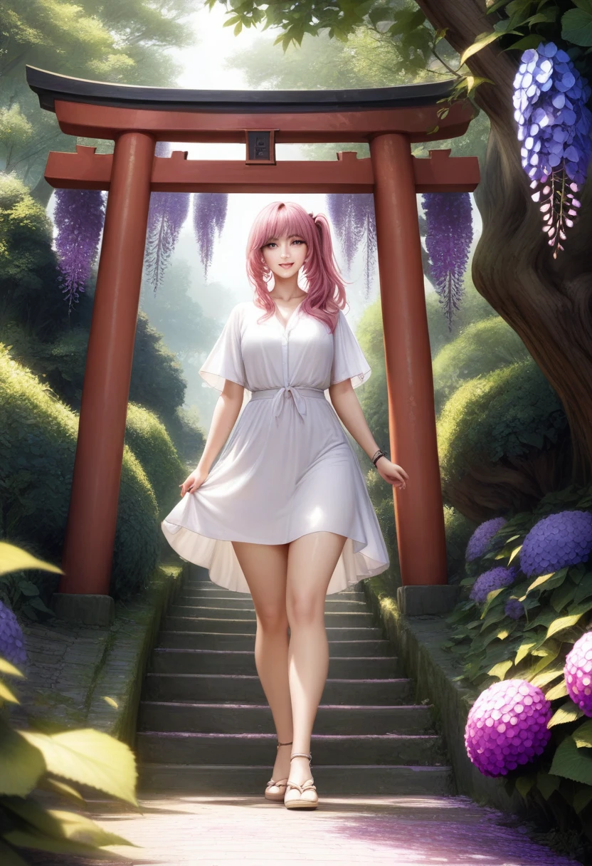 animetoreal, masterpiece, best quality, very aesthetic, absurdres, 1girl, mature_lady,,Neon pink hair,side ponytail,one side up,Wallpaper Fusion, dappled sunlight, day, flower, hydrangea, leaf, light rays, nature, outdoors, path, plant, purple flower, scenery, stairs, sunlight, torii, tree, wisteria,blur background,background defocus,from above