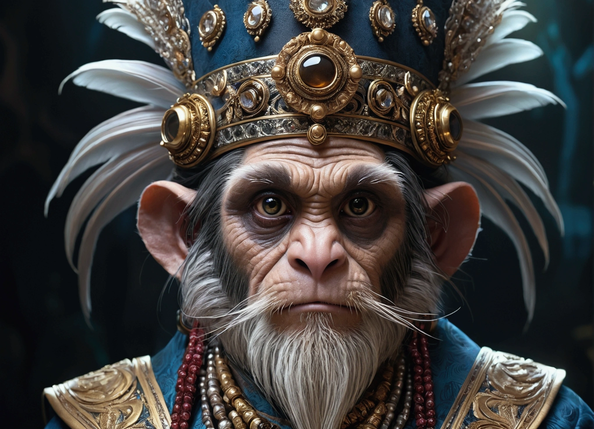 a humanoid Emperor Tamarin with human DNA, hyperrealistic, highly detailed portrait, extremely detailed eyes and face, long eyelashes, intricate facial features, expressive gaze, ornate headdress, regal attire, ornate jewelry, magical aura, glowing energy field, cinematic lighting, dramatic chiaroscuro, moody color palette, fantasy, concept art style, award-winning digital art