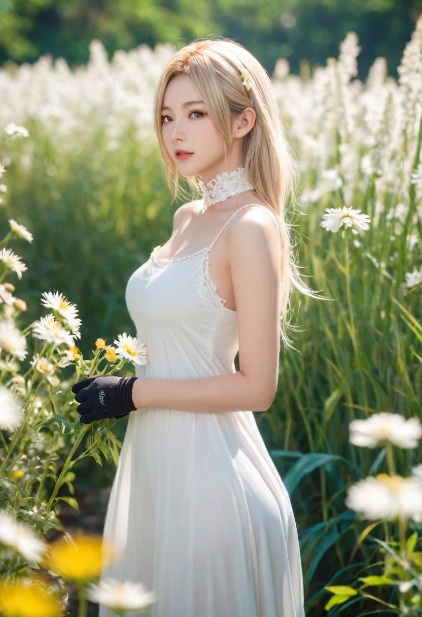 covered_nipples, (areola_slip:0.8),Top of the line CG, highest image quality, masterpiece,8k image quality, exquisite and delicate beautiful girl, ,lumine_(genshin_impact), genshin_impact, blonde_hair, short_hair_with_long_locks, sidelocks, yellow_eyes, hair_flower, hair_ornament, flower, white_flower, detached_sleeves, black_gloves, white_dress, sleeveless_dress, sleeveless, vambraces,,grasses and flowers,blur background,background defocus,