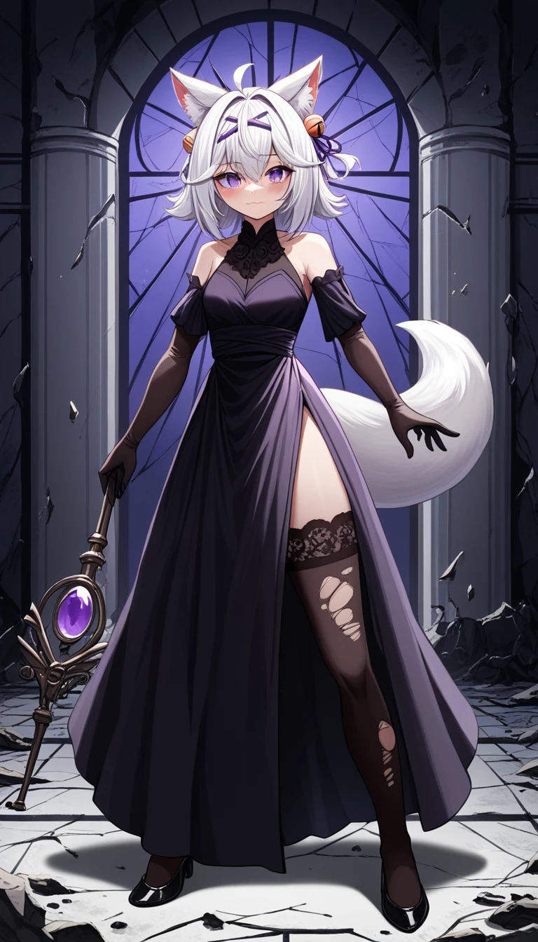 UHD, masterpiece, best quality, ((Night)), ((castle ruins)), ((battlefield)), ((destroyed empty throne)), ((destroyed walls)), broken glass, broken window, messy background, scary background, dramatic lighting, moody atmosphere, scary atmosphere, 1girl, solo, royalty, ((pageant pose)), conservative pose, black gown with purple ribbon, high 1slit dress with purple lining design, very elegant dress, Filian, ((fox tail)), ((small cat ears)), white hair, shoulder length hair, fly-away hair, ahoge, hairclip, hair bell, big round eyes, (purple eyes:1.5), blush, closed mouth, seductive smile, black lace arm sleeve, black gloves, thick arms holding royal staff, ((black lace stockings)), thick legs, black high heals, Eye-Level Shot, full body pose, elegant pose, front view