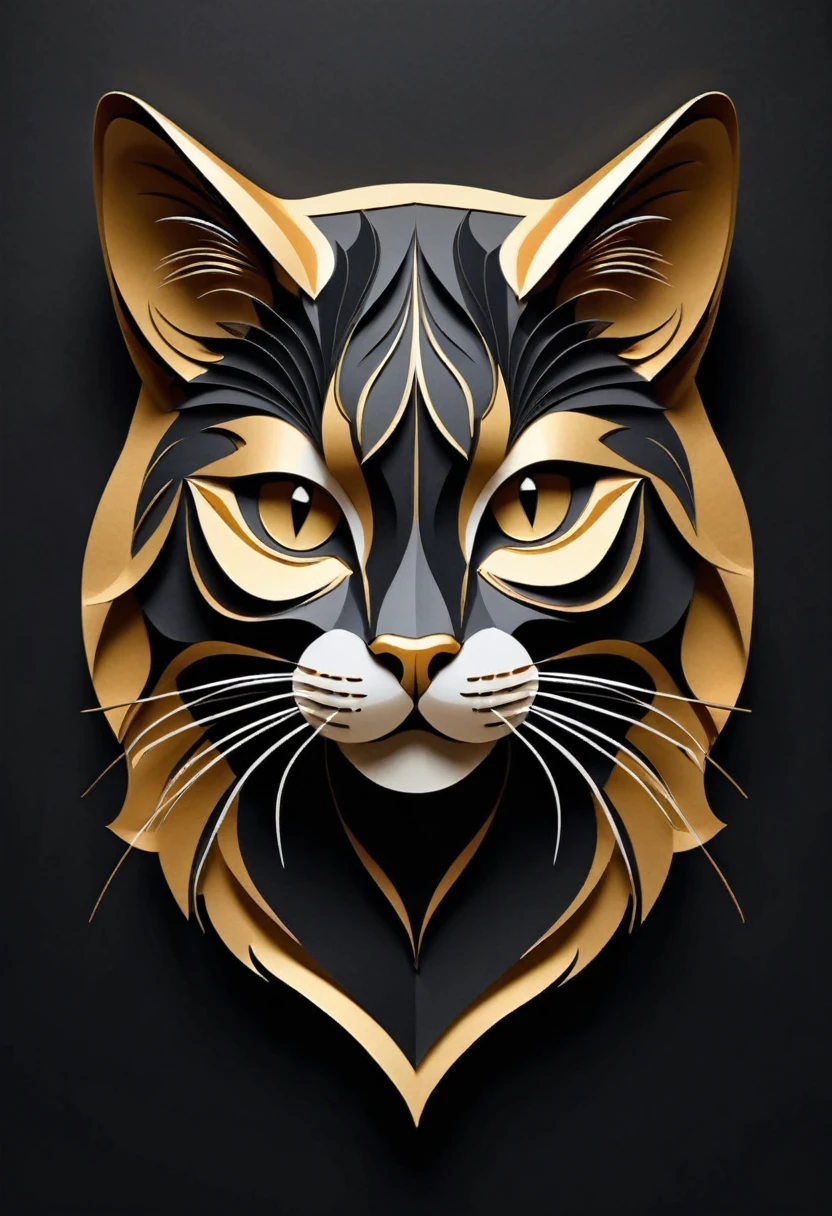 Golden cat head as paper cut on black background, sharp edges, masterpiece, drawn with pencil, Vector image