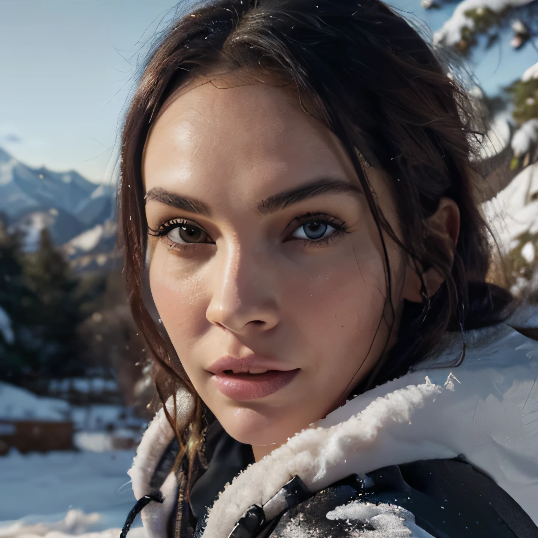 megan fox as snowboarder, beautiful detailed eyes, beautiful detailed lips, extremely detailed face, long eyelashes, athletic woman, graceful pose, snow mountain landscape, snowy field, pine trees, golden hour lighting, cinematic lighting, dramatic shadows, vibrant colors, photorealistic, 8k, ultra-detailed, (best quality:1.2), (realistic:1.37)