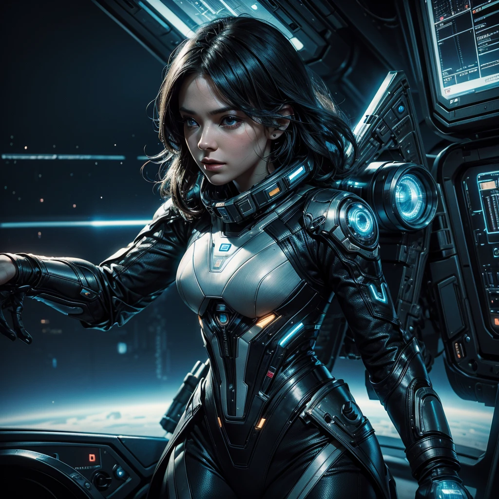 
a woman in a futuristic and technological uniform while flying over an unknown planet, in front of her a futuristic screen where she analyzes the data on the planet, hyper-realistic, cinematic, 8k, ultra-detailed, masterpiece 