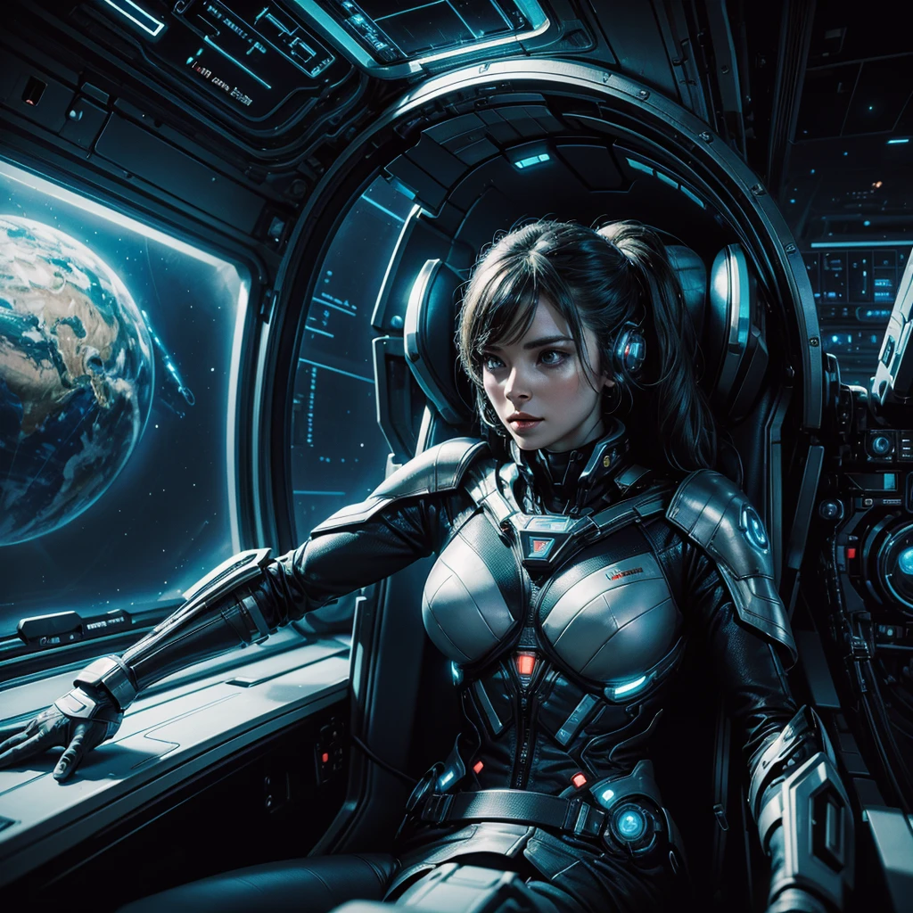 a woman in a futuristic and technological uniform while flying over an unknown planet, in front of her a futuristic screen where she analyzes the data on the planet, hyper-realistic, cinematic, 8k, ultra-detailed, masterpiece