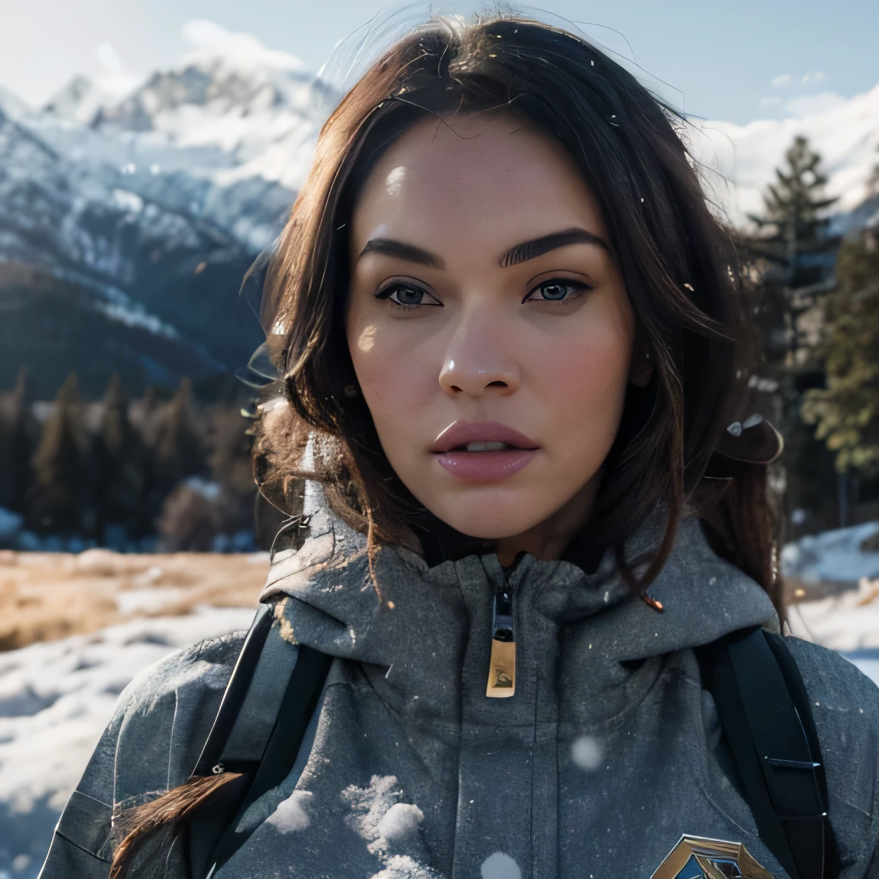 megan fox as snowboarder, beautiful detailed eyes, beautiful detailed lips, extremely detailed face, long eyelashes, athletic woman, graceful pose, snow mountain landscape, snowy field, pine trees, golden hour lighting, cinematic lighting, dramatic shadows, vibrant colors, photorealistic, 8k, ultra-detailed, (best quality:1.2), (realistic:1.37)
