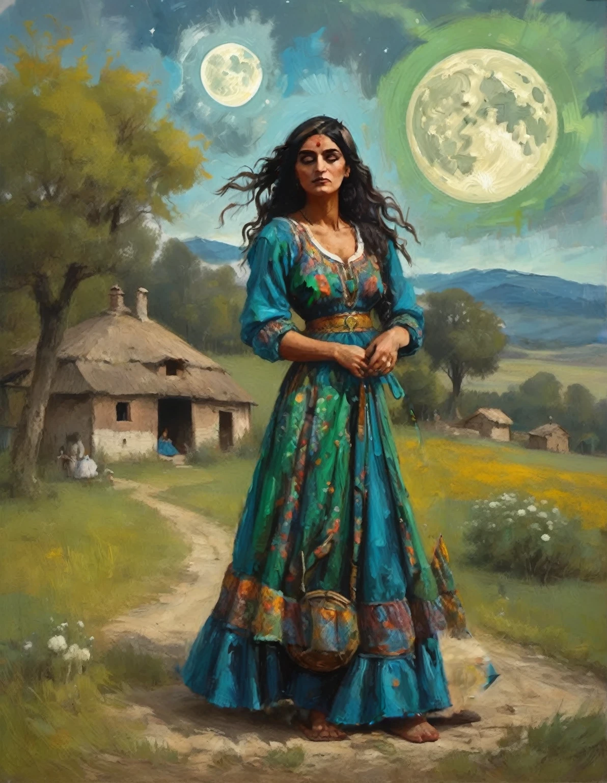 centered oil painting with panoramic view of a night landscape, full moon night, with a rustic house in the background, full length of a beautiful gypsy girl in a blue dress and (((green dark))) (4:8), acentuade collors, walking in front of a house, Night sky with full moon, night shadows,Magnificent oil painting, Art station style, fantasy art style by Abigail Larson, high détail, 8k, mid-journey style