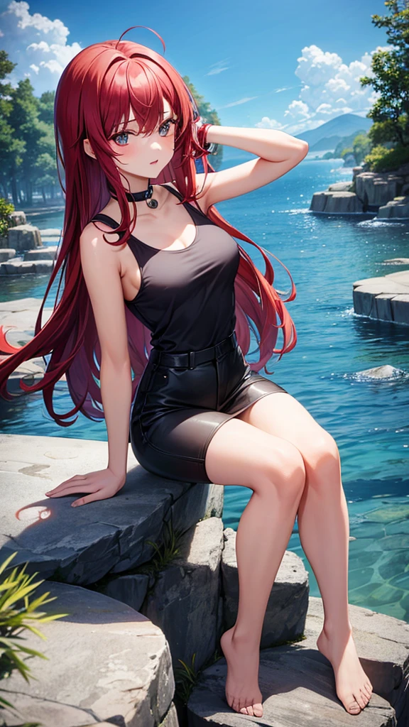 1_girl, solo, kei (dirty pair) (cosplay), 32-years-old femaile. Dark red long hair with bangs to the eyebrows. Wearing a black T-shirt top and bikini bottom, waterfall background, full body portrait, sitting on the rocks