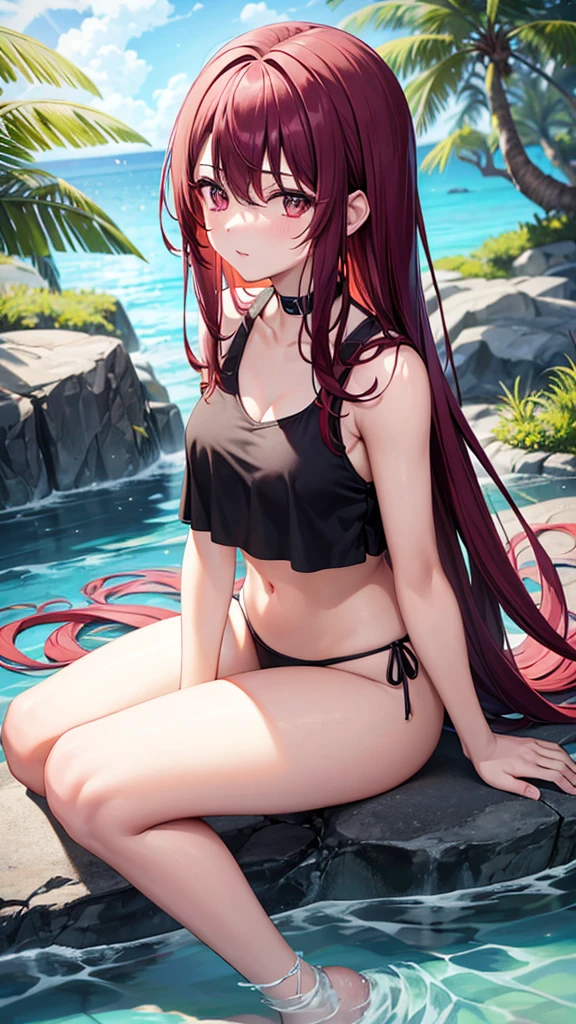 1_girl, solo, kei (dirty pair) (cosplay), 32-years-old femaile. Dark red long hair with bangs to the eyebrows. Wearing a black T-shirt top and bikini bottom, waterfall background, full body portrait, sitting on the rocks