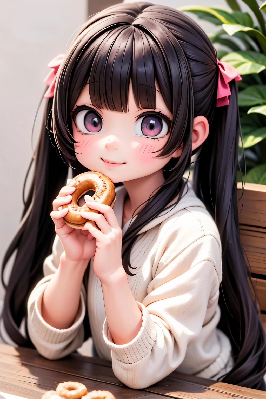 a cute chibi girl eating donuts