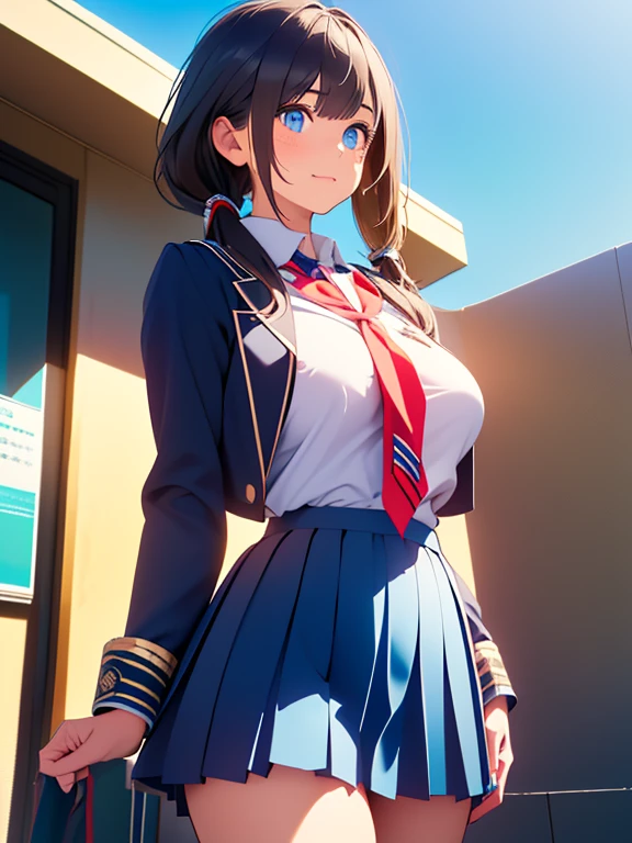 (premium:1.32), (The ultra -The high definition:1.4), (High resolution: 1.3), (CG Unity 8k Wallpapers:1.2), (Detailed eyes and skin.:1.35), (detailed facial features:1.25), (detailed students:1.36), precise and perfect  structure, (textured skin: 1.26), high level image quality、Large file size、fulcolor、low noise、
(photorealistic, Many award-winning photos: 1.27), Depth of fields, shaded by sunlight、
pleasant smile, chest neckline, big and full breasts, sexy thighs, ABS, 
(poneyTail: 1.47), Brown hair, (blue eyes: 1.28), thick bangs, blue ribbon, 
((high school uniform: 1.4)), Jackets、shirt、Red tie、pleated skirt、High socks、tokyo prefecture、fighting cross、An urban landscape、