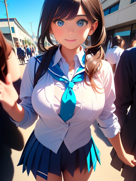 (premium:1.32), (The ultra -The high definition:1.4), (High resolution: 1.3), (CG Unity 8k Wallpapers:1.2), (Detailed eyes and skin.:1.35), (detailed facial features:1.25), (detailed students:1.36), precise and perfect  structure, (textured skin: 1.26), high level image quality、Large file size、fulcolor、low noise、
(photorealistic, Many award-winning photos: 1.27), Depth of fields, shaded by sunlight、
pleasant smile, chest neckline, big and full breasts, sexy thighs, ABS, 
(poneyTail: 1.47), Brown hair, (blue eyes: 1.28), thick bangs, blue ribbon, 
((high school uniform: 1.4)), Jackets、shirt、Red tie、pleated skirt、High socks、tokyo prefecture、fighting cross、An urban landscape、