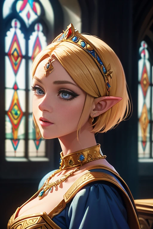 medieval princess zelda, short hair, beautiful detailed eyes, beautiful detailed lips, extremely detailed face and skin, long lashes, elegant royal dress, intricate jewelry, castle interior, stained glass windows, warm lighting, cinematic composition, fantasy, digital painting