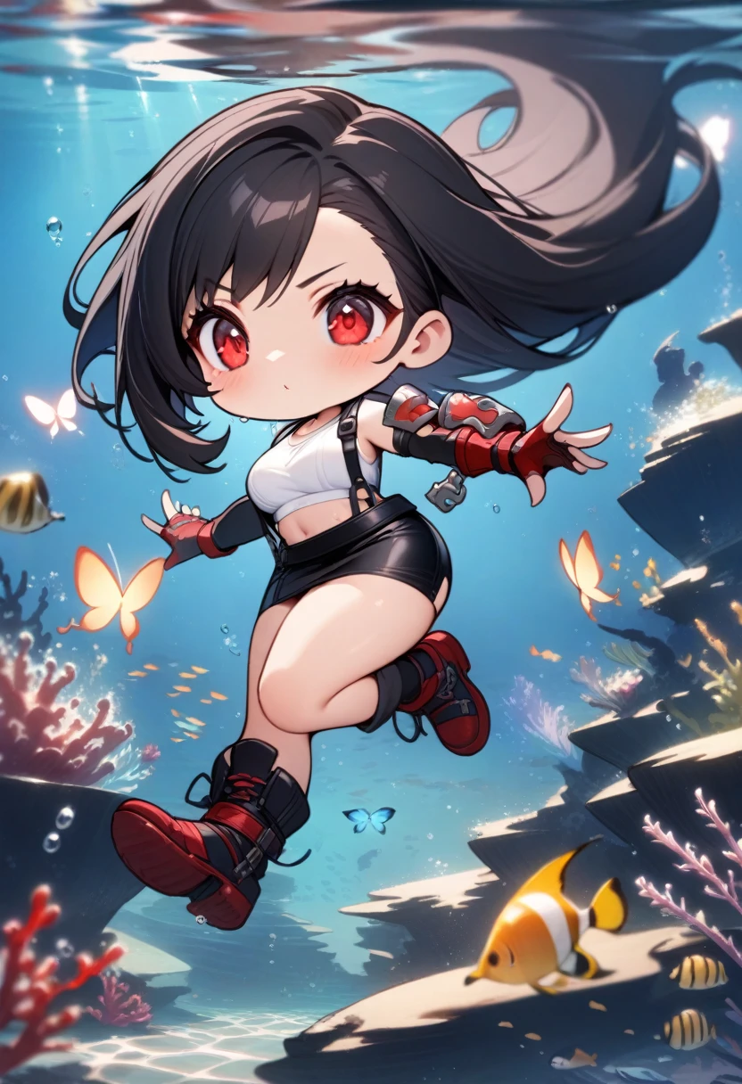 chibi, masterpiece, best quality, very aesthetic, absurdres, 1girl, full_body,tifa lockhart, final fantasy, long black hair, red eyes, white crop top, elbow pad, fingerless gloves, suspenders, white tshirt, short skirt, miniskirt, pencil skirt,under sea,luminous butterflies, fluttering butterflies,