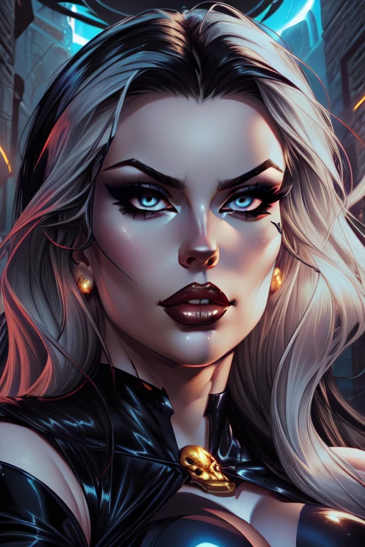 ((emmanorts)) as Lady Death, beautifully detailed eyes,beautiful detailed lips,long black hair,perfect skin,curvy figure,intense gaze,seductive expression,soft lighting,fine details, perfect hand, a fist, perfect anatomy, perfect arms,