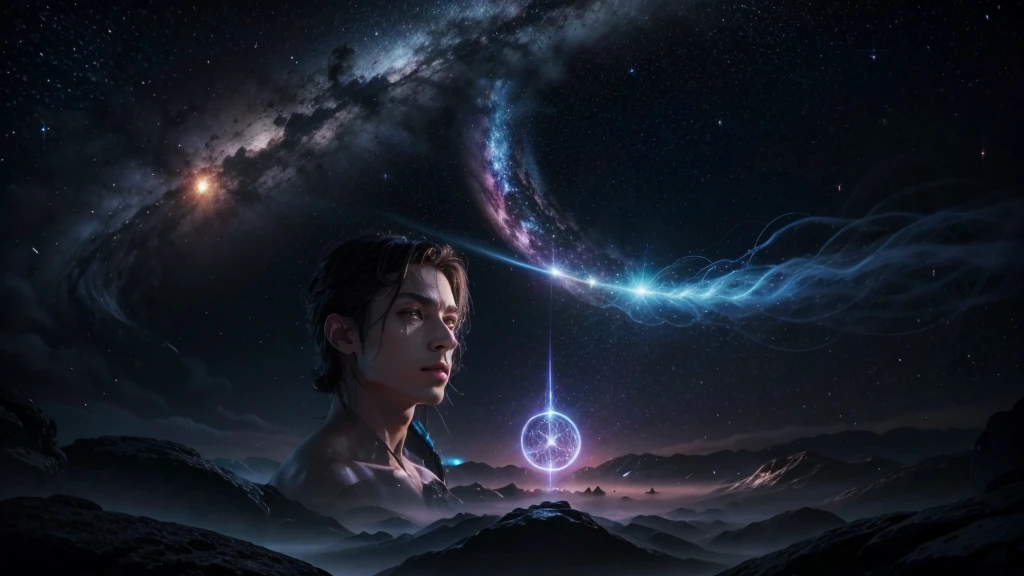 Mystical background with ORANGE AND BLACK tones, cosmic elements such as stars and nebulae. Figure of a man on the left side, with an expressive look, with an expression of enlightenment, surrounded by a bright aura. Spiritual symbols. Title Icons representing the 9 signs.