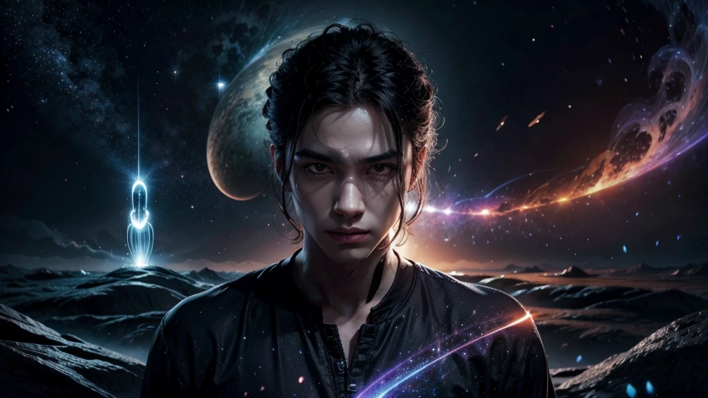 Mystical background with ORANGE AND BLACK tones, cosmic elements such as stars and nebulae. Figure of a man on the left side, with an expressive look, with an expression of enlightenment, surrounded by a bright aura. Spiritual symbols. Title Icons representing the 9 signs.