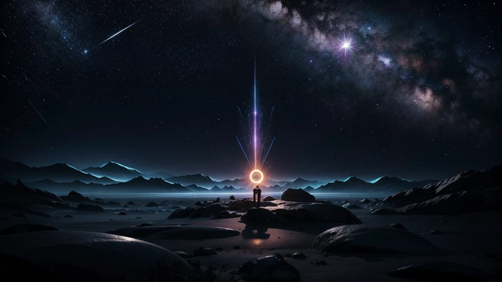 Mystical background with ORANGE AND BLACK tones, cosmic elements such as stars and nebulae. Figure of a man on the left side, with an expressive look, with an expression of enlightenment, surrounded by a bright aura. Spiritual symbols. Title Icons representing the 9 signs.